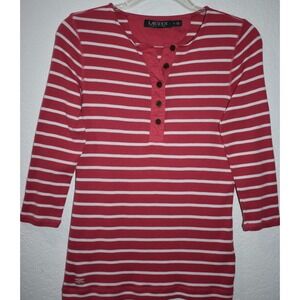 Ralph Lauren Womens SMALL‎ Henley Top 3/4 Sleeve Pink Stripe 5 button LRL Shirt